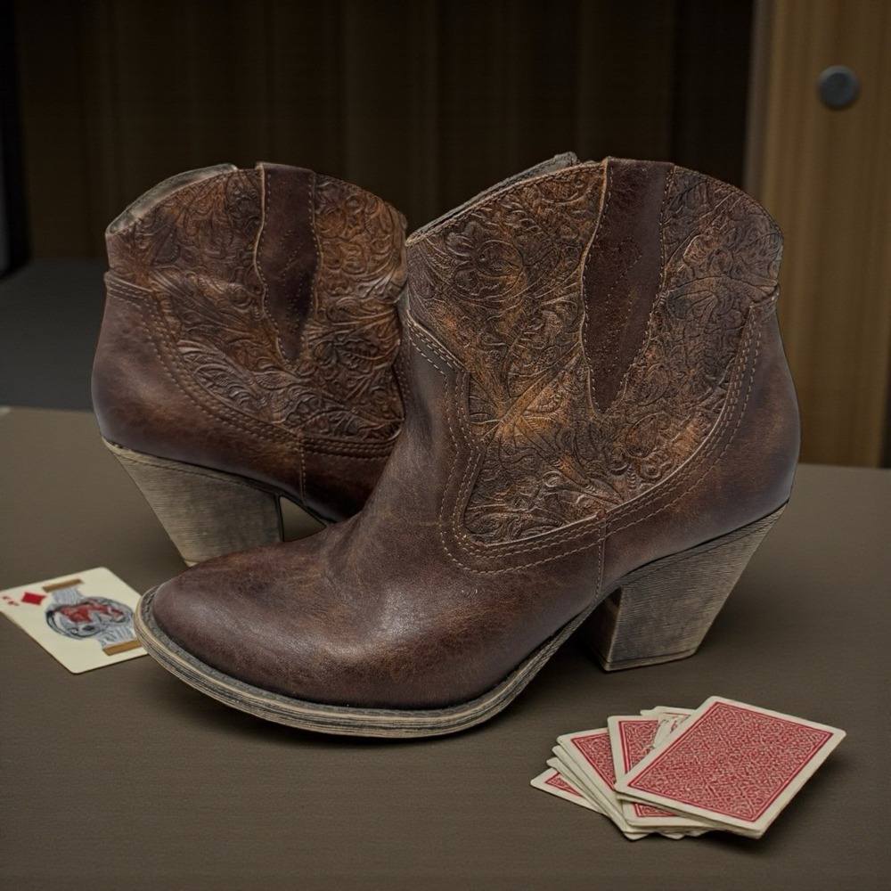 🤠Y2K Cowgirl Western‎ Boho Rodeo Distressed Chunky Ankle Tooled Floral Boot 8.5